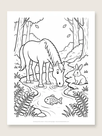 Drinking at the stream: horse coloring page