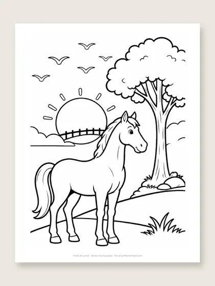 Horse at sunset: horse coloring page