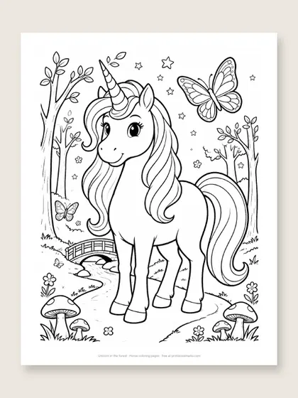 Unicorn in the forest: horse coloring page