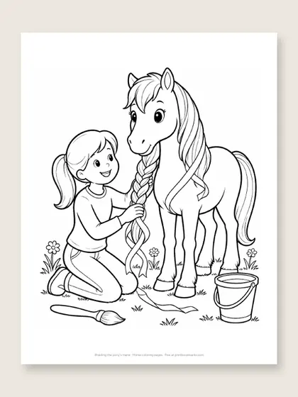 Braiding the pony's mane: horse coloring page