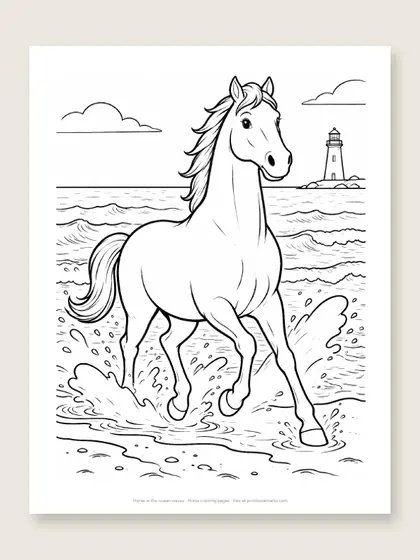 Horse in the ocean waves: horse coloring page
