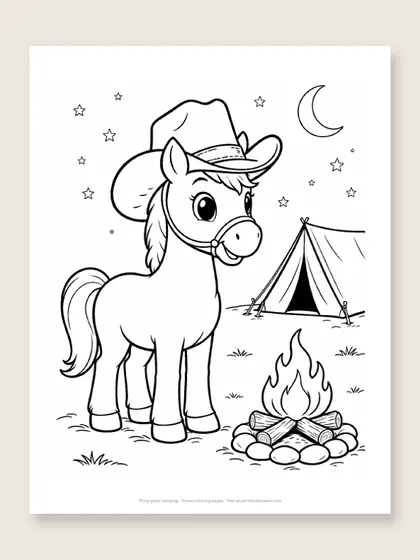 Pony goes camping: horse coloring page
