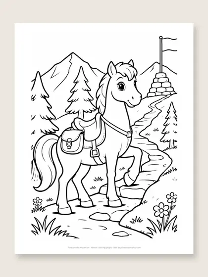 Pony on the mountain: horse coloring page