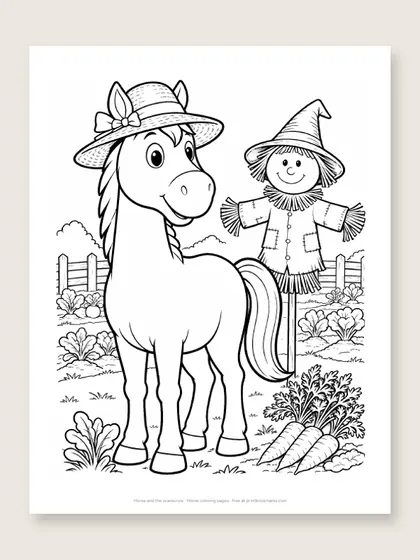 Horse and the scarecrow: horse coloring page