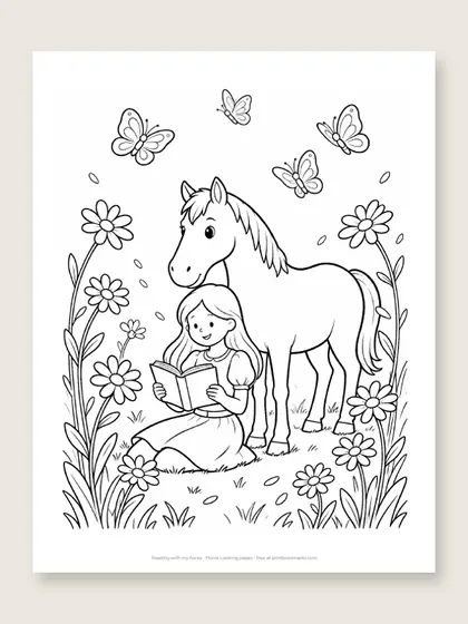 Reading with my horse: horse coloring page