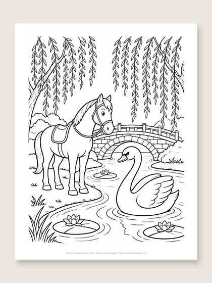 Horse and swan by the pond: horse coloring page