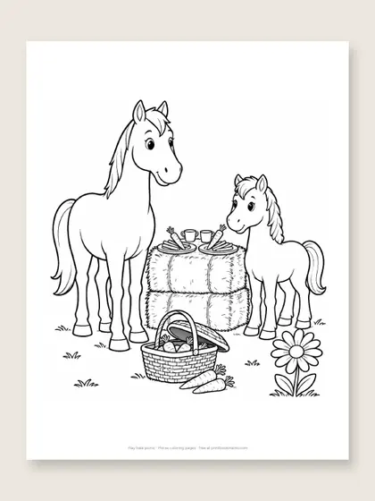 Hay bale picnic: horse coloring page