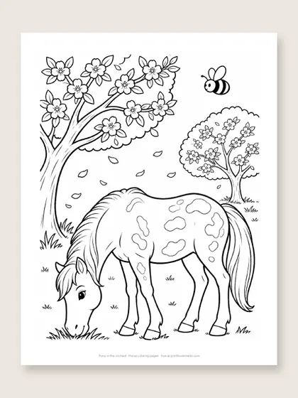 Pony in the orchard: horse coloring page