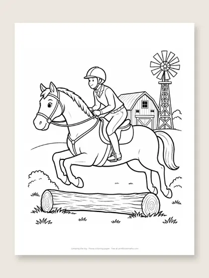 Jumping the log: horse coloring page