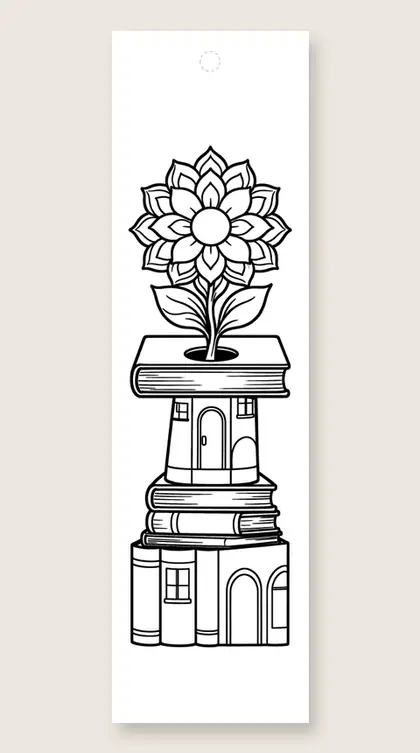 Tower of books and mandala: mandala coloring bookmark