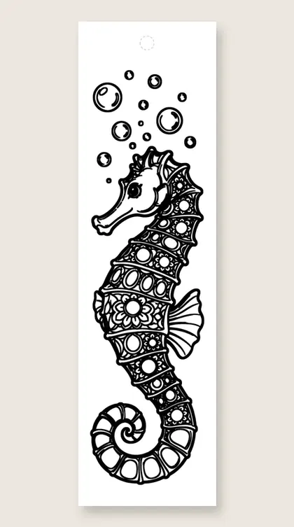 Mandala seahorse and bubbles: mandala coloring bookmark