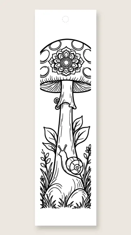 Mandala mushroom with snail: mandala coloring bookmark