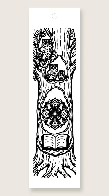 Owl tree with mandala: mandala coloring bookmark