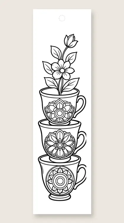 Mandala teacup stack: mandala coloring bookmark