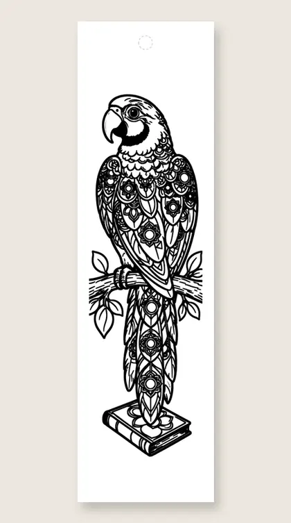 Mandala parrot with book: mandala coloring bookmark