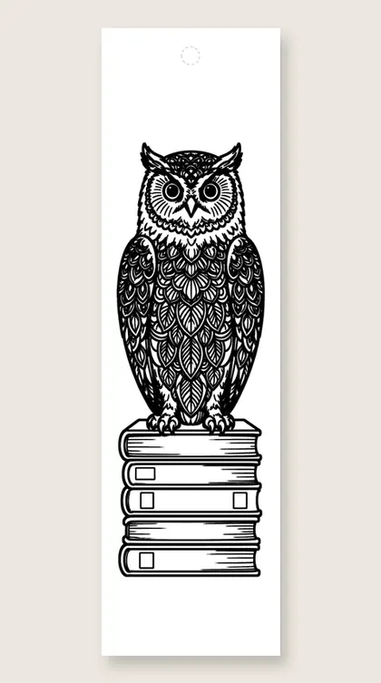 Mandala owl on books: coloring bookmark