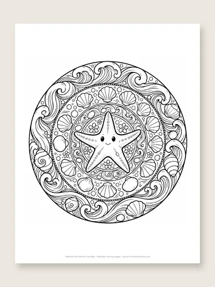 Seashell and starfish mandala: mandala coloring page