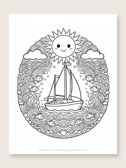 Sailboat on waves mandala: mandala coloring page