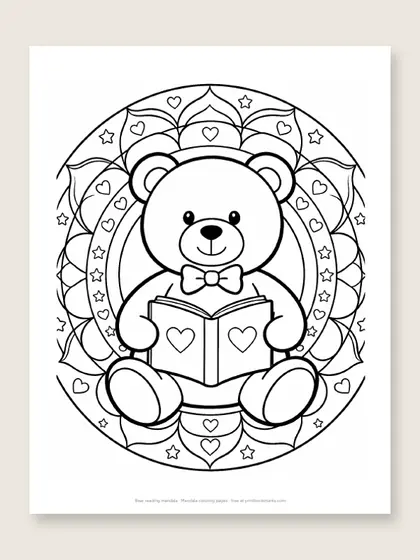 Bear reading mandala: bear coloring page