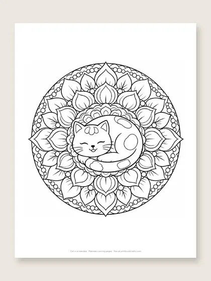 Cat in a mandala: mandala coloring page