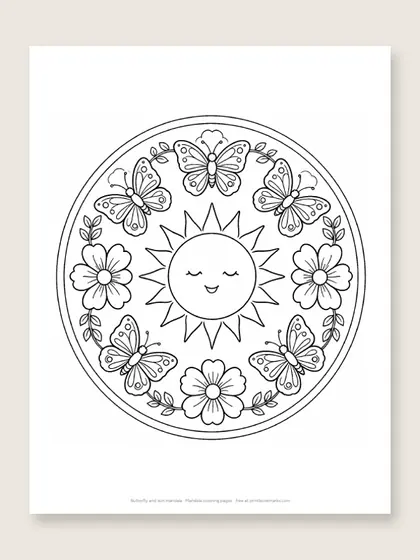 Butterfly and sun mandala: mandala coloring page