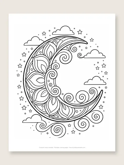 Crescent moon mandala: mandala coloring page