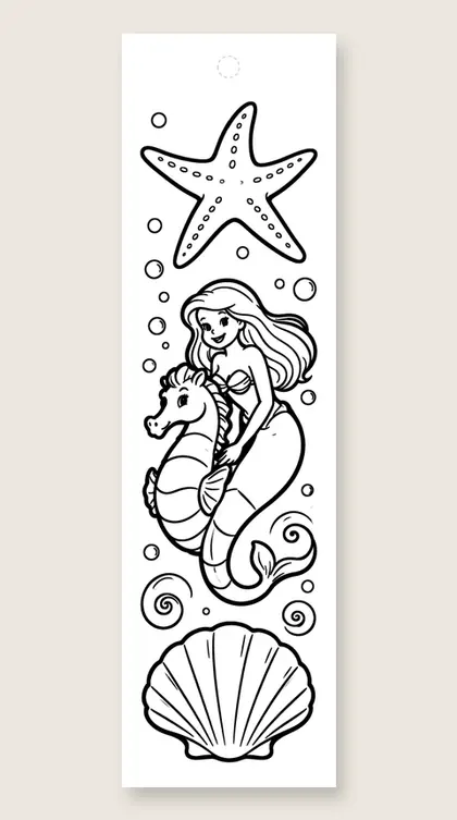 Mermaid riding a seahorse: mermaid coloring bookmark