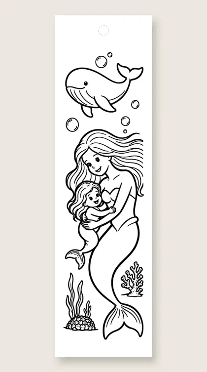 Mermaid mom and baby: mermaid coloring bookmark