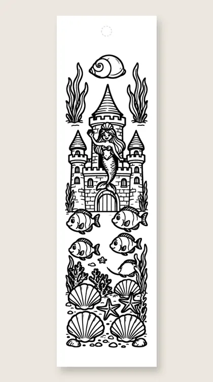 Mermaid waving from castle: mermaid coloring bookmark