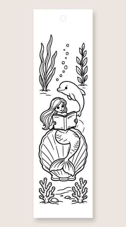 Book and dolphin friend: mermaid coloring bookmark
