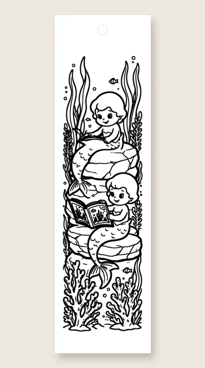 Baby mermaids share a book: mermaid coloring bookmark
