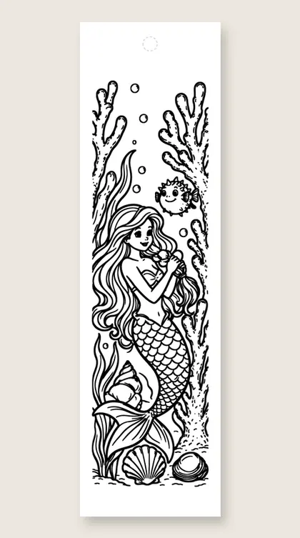 Braiding hair by the coral: mermaid coloring bookmark
