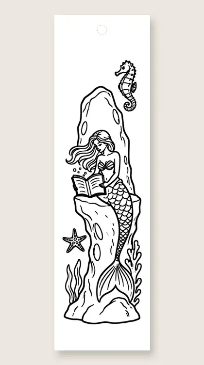 Mermaid reading on a rock: coloring bookmark