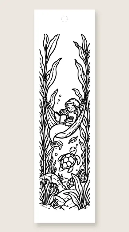 Kelp hammock reading: mermaid coloring bookmark