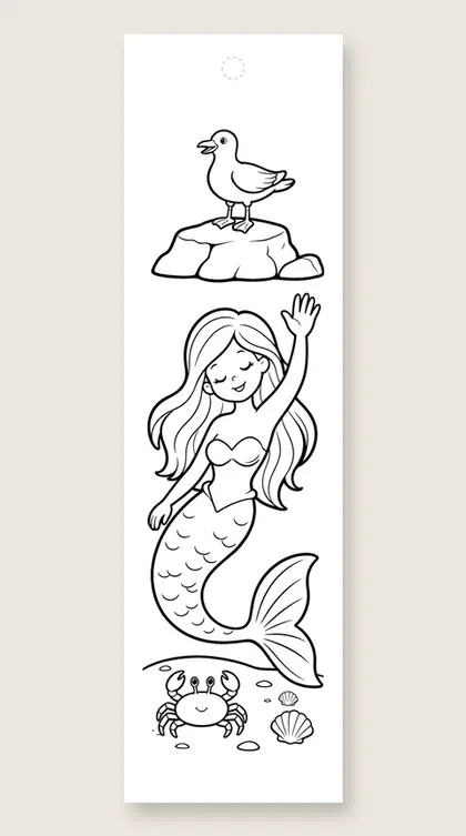Mermaid greets a seagull: mermaid coloring bookmark