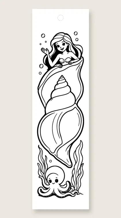 Mermaid in a spiral shell: mermaid coloring bookmark