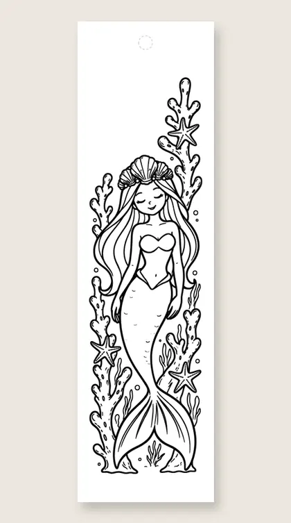 Mermaid with shell crown: mermaid coloring bookmark