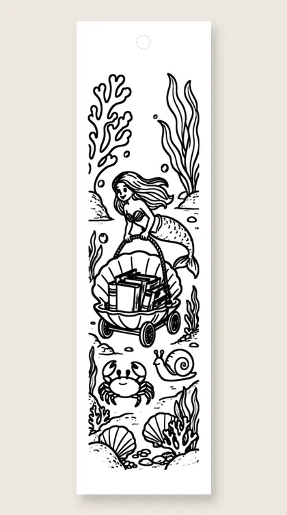 Shell cart of storybooks: mermaid coloring bookmark