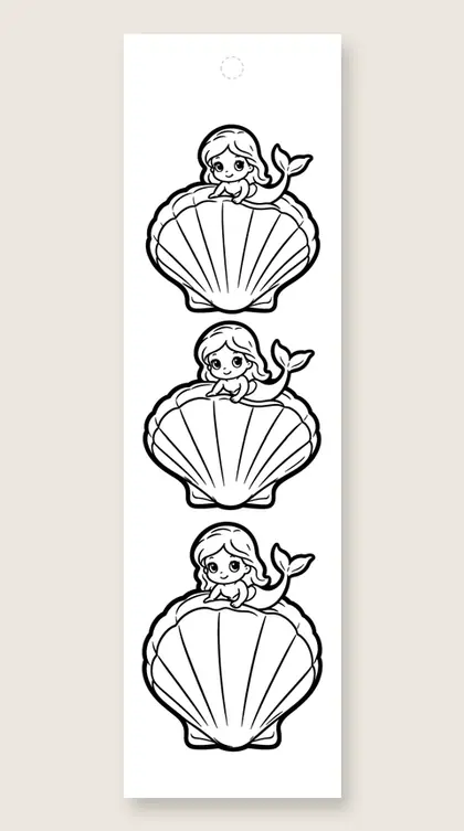 Baby mermaids in shells: coloring bookmark