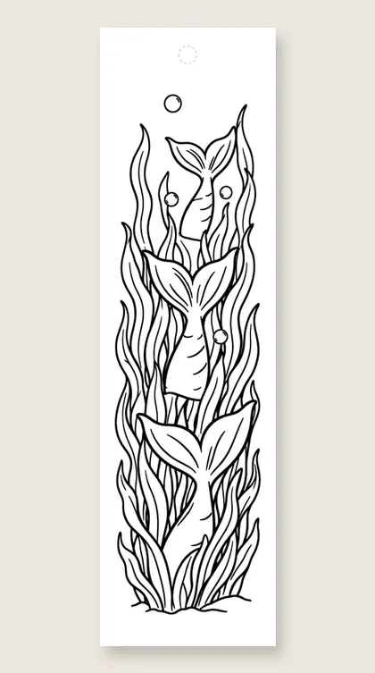 Three tails in seaweed: mermaid coloring bookmark