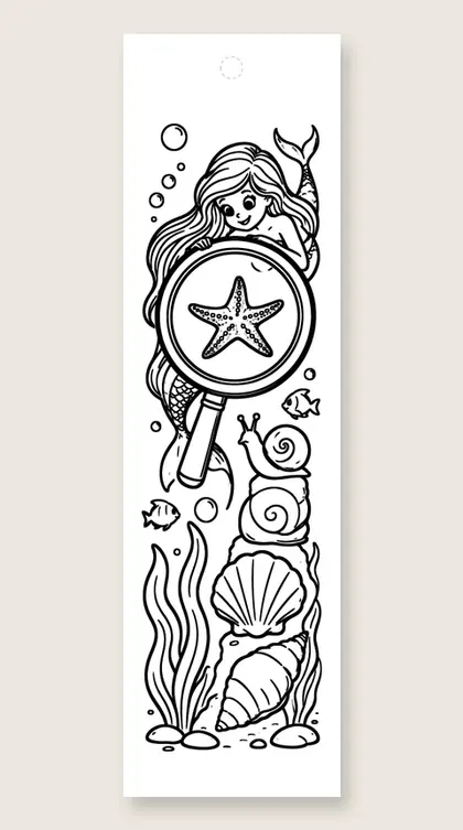 Mermaid explores a starfish: mermaid coloring bookmark