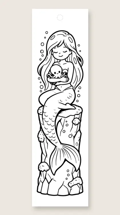 Mermaid hugs a baby octopus: mermaid coloring bookmark