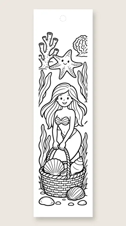 Mermaid collects shells: mermaid coloring bookmark
