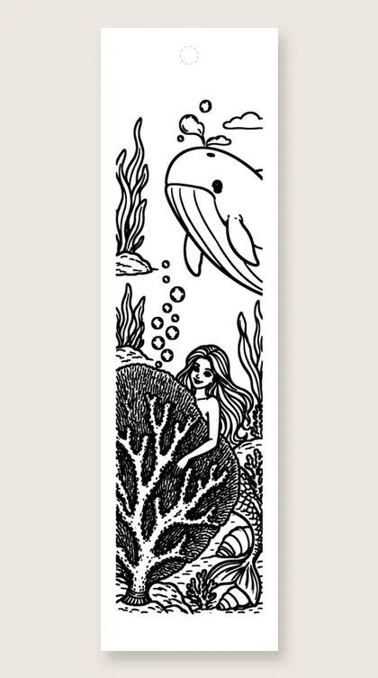 Peeking behind a sea fan: mermaid coloring bookmark