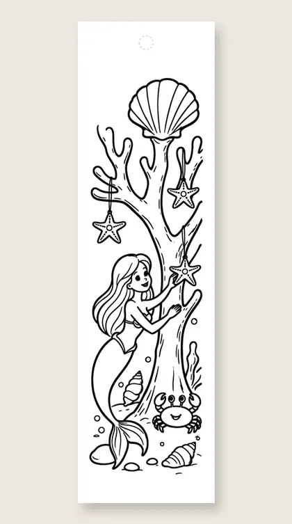 Coral tree decorating: mermaid coloring bookmark