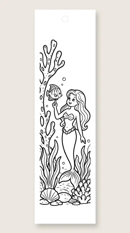 Mermaid and butterfly fish: mermaid coloring bookmark