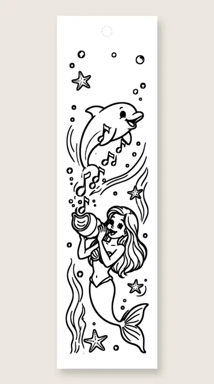 Mermaid plays a shell horn: mermaid coloring bookmark