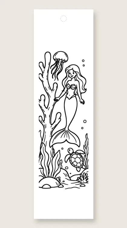 Mermaid beside coral tree: coloring bookmark