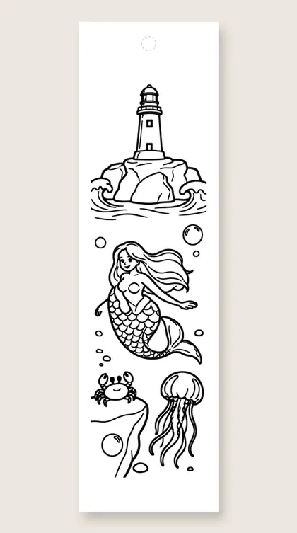 Mermaid by the lighthouse: mermaid coloring bookmark