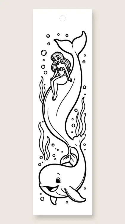 Mermaid slides down a whale: mermaid coloring bookmark